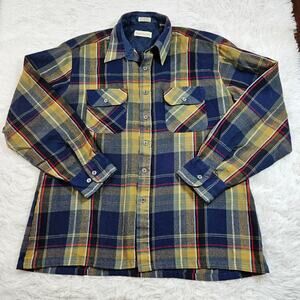 Back Packer Men Vintage Blue Plaid Button‎ Up Flannel Shirt Shacket Pockets Sz L